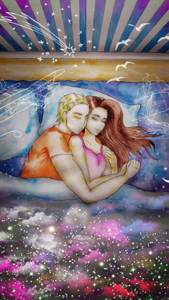 A loving couple sleeping peacefully surrounded by magical night sky and fantasy elements, 4K Phone Wallpaper