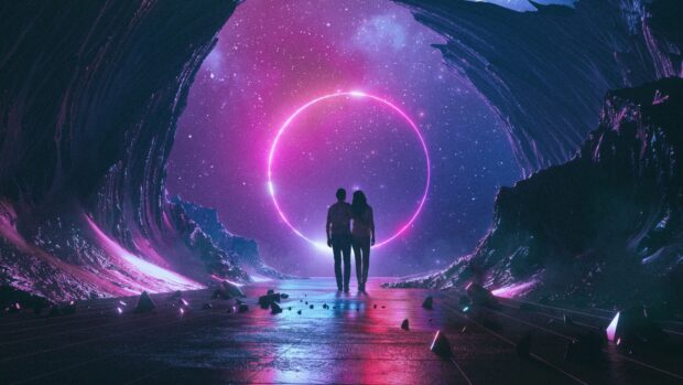A love couple walks together inside a glowing cosmic ring in a futuristic cave, HD Desktop Wallpaper