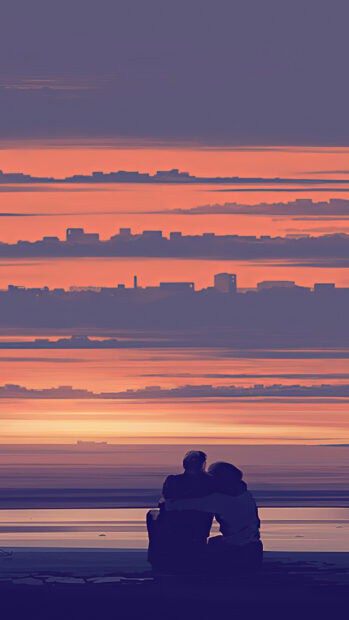 A love couple watching the colorful sunset by the water at dusk, 4K Phone Wallpaper