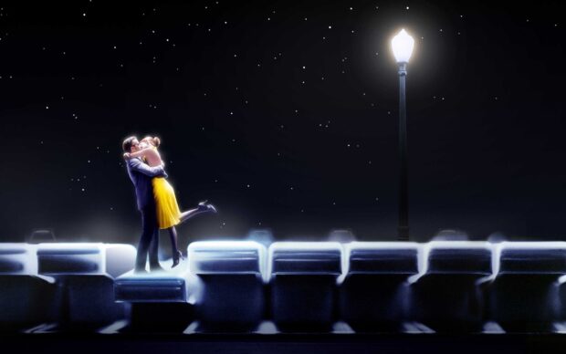 A couple shares a tender moment under a streetlamp in Ryan Gosling La La Land, HD Desktop Wallpaper