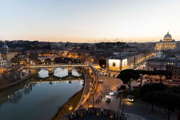 Rome skyline captures historic buildings along the river at dusk, HD Desktop Wallpaper