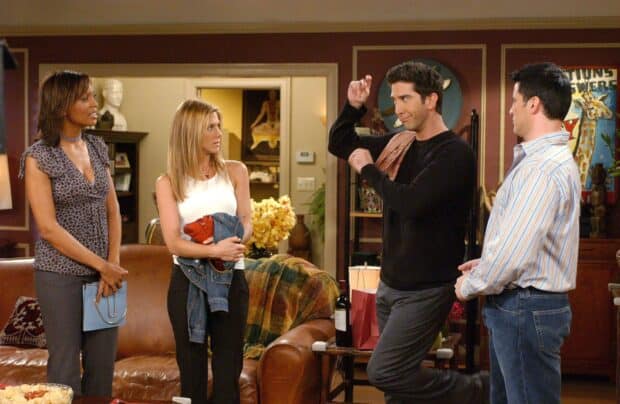 Ross Friends Wallpapers show the main characters interacting in a living room, 2K Desktop Wallpaper