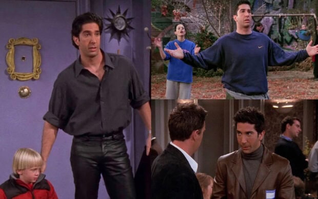 Ross from Friends is shown in various scenes interacting with other characters, HD Desktop Wallpaper