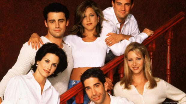 The Ross Friends Wallpapers show the main cast posing together on a staircase, HD Desktop Wallpaper