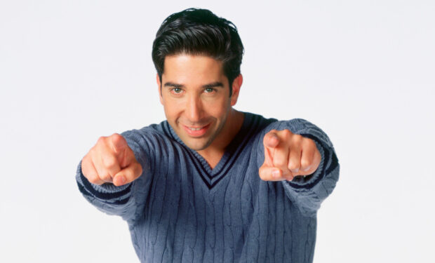A man in a blue sweater pointing forward in Ross Friends wallpapers, HD Desktop Wallpaper
