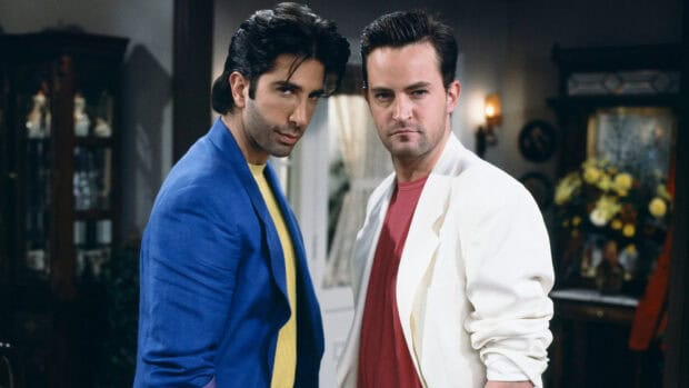 Ross and Chandler from Friends striking a confident pose indoors, HD Desktop Wallpaper