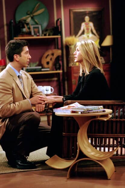 Ross and Rachel share a heartfelt moment sitting closely indoors, 2K Mobile Wallpaper