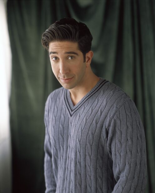 A portrait of Ross from Friends in a gray cable knit sweater standing indoors, HD Desktop Wallpaper