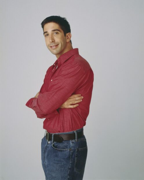 Ross Friends Wallpapers features Ross in a red shirt with arms crossed against a plain background, HD Desktop Wallpaper