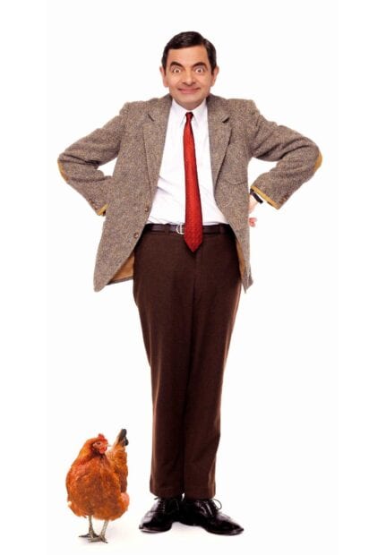 Rowan Atkinson posing with a chicken in a suit and red tie, HD Mobile Wallpaper