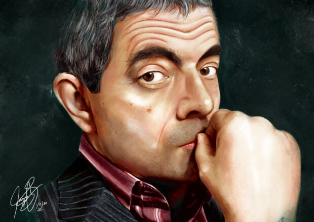 Rowan Atkinson Wallpapers portrait showing a thoughtful expression with hand near mouth, HD Desktop Wallpaper