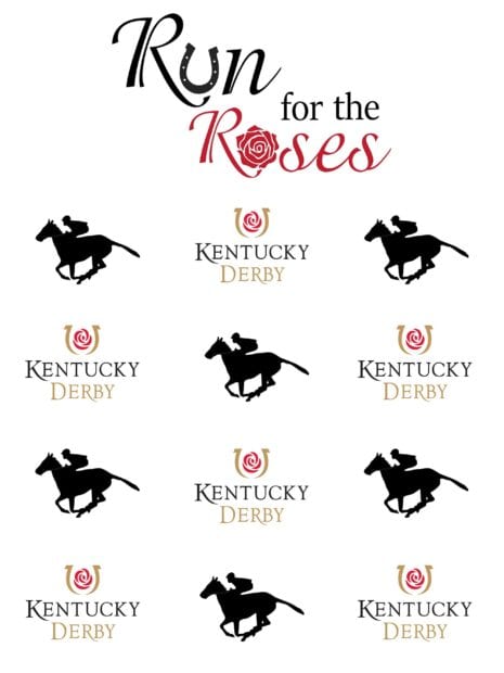 The Kentucky Derby logos and horse racing silhouettes are arranged on a white background, 2K Desktop Wallpaper