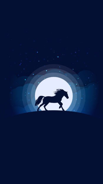 A horse runs in silhouette against the glowing moon and starry night sky, 4K Phone Wallpaper