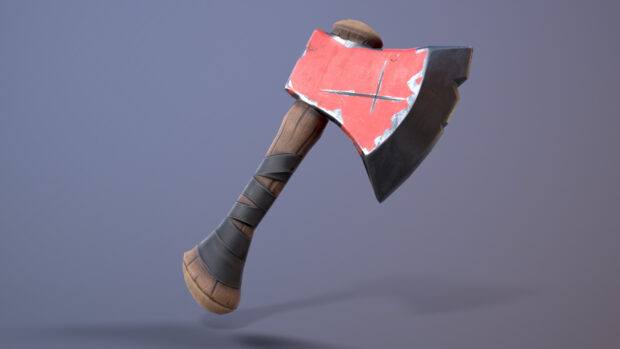 A rusty red axe with a wooden handle hanging against a plain background, 4K Desktop Wallpaper