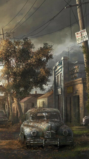 A rusty abandoned car sits in a quiet ghost town with old buildings and autumn trees, HD Mobile Wallpaper