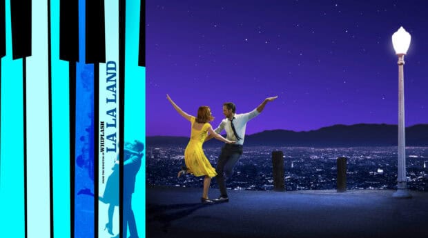 Ryan Gosling dances with a woman under a streetlamp in La La Land, 2K Desktop Wallpaper