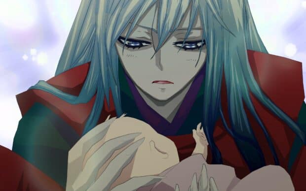 The Kamisama Wallpapers show a sorrowful figure with long hair cradling a small child in a gentle embrace, HD Desktop Wallpaper