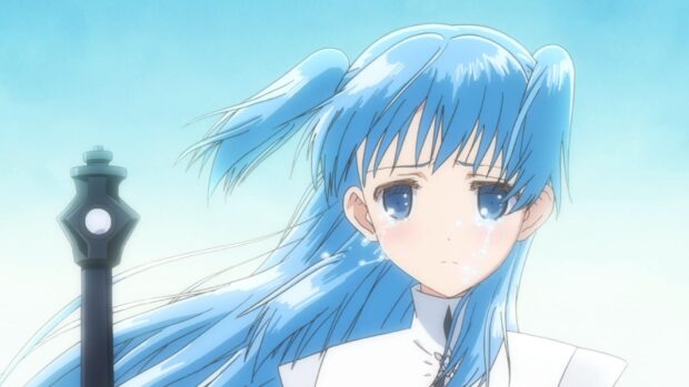 A sad anime girl with blue hair is crying under the blue sky in Worldend Anime Wallpapers, HD Desktop Wallpaper