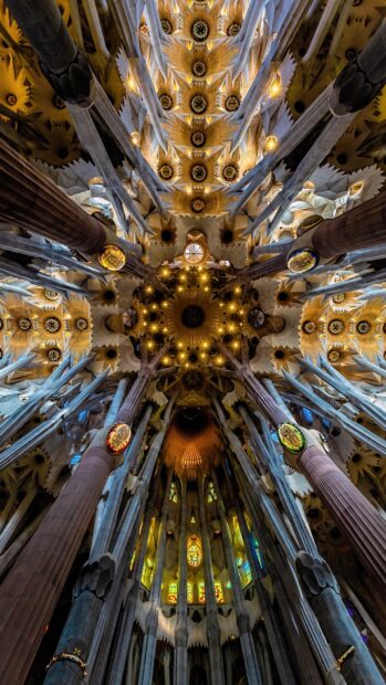 The Sagrada Familia ceiling displays intricate patterns and stained glass windows inside the basilica, HD Mobile Wallpaper