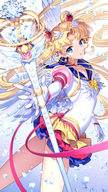 Sailor Moon Eternal casts a radiant spell with her magical staff surrounded by glowing petals, HD Mobile Wallpaper