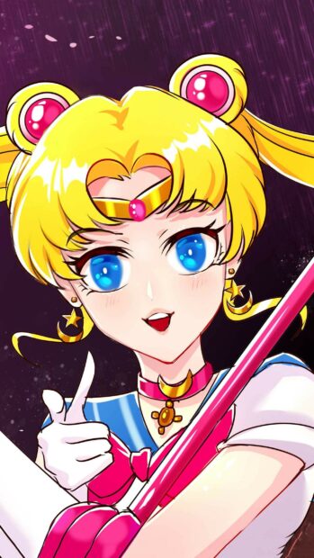 Sailor Moon Eternal character with bright blue eyes and blonde hair holding a rod, 2K Phone Wallpaper