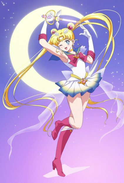 Sailor Moon Eternal wallpapers feature a character posing joyfully in front of a glowing moon, HD Phone Wallpaper
