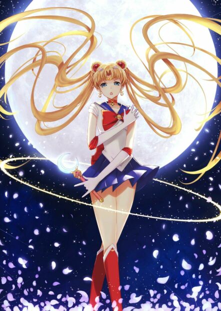 A Sailor Moon Eternal Wallpapers character stands before a large glowing moon holding a magical staff, HD PC Wallpaper