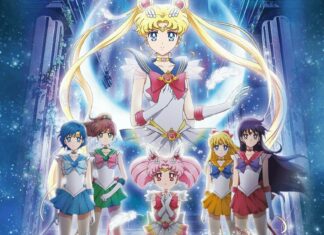 The Sailor Moon Eternal characters stand together in a celestial setting full of stars and light, HD Desktop Wallpaper
