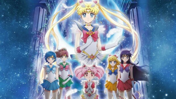 The Sailor Moon Eternal characters stand together in a celestial setting full of stars and light, HD Desktop Wallpaper