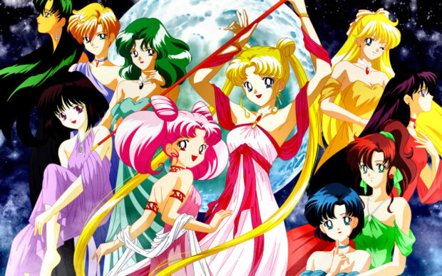The Sailor Moon Eternal characters pose gracefully in colorful dresses with a full moon in the background, HD Desktop Wallpaper