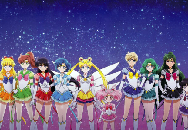 Sailor Moon Eternal Wallpapers featuring the main characters standing under a starry sky, HD Desktop Wallpaper