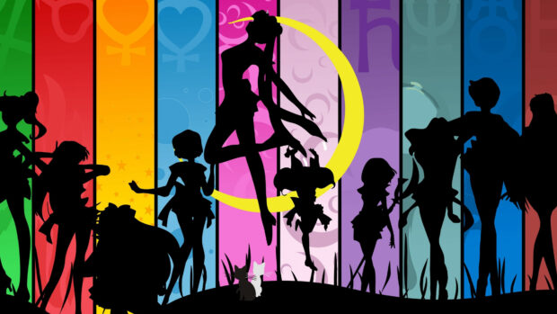 Sailor Moon Eternal Wallpapers feature colorful silhouette poses of characters against a vibrant backdrop, 4K Desktop Wallpaper