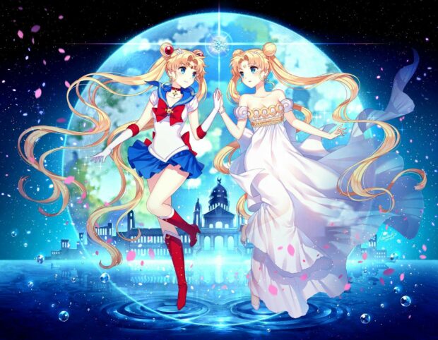 Two Sailor Moon Eternal characters stand before a glowing moon with water reflections, HD Desktop Wallpaper
