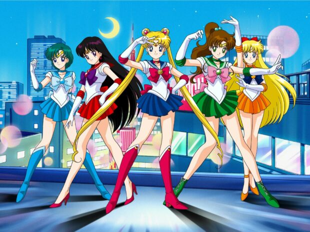 Sailor Moon Eternal Wallpapers featuring five characters standing in front of a cityscape at night, HD Desktop Wallpaper