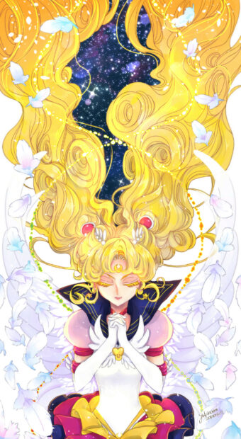 A serene Sailor Moon Eternal with flowing hair and cosmic background, 2K Phone Wallpaper