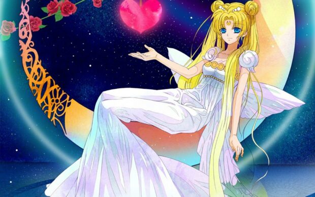 Sailor Moon Eternal stands in a white gown with a glowing heart above, HD Desktop Wallpaper