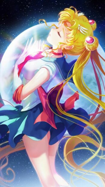 A Sailor Moon Eternal scene shows her glowing against a starry sky and large moon, HD Phone Wallpaper