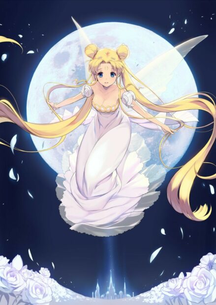 A magical Sailor Moon Eternal character floats gracefully with long flowing hair near a full moon, HD Mobile Wallpaper