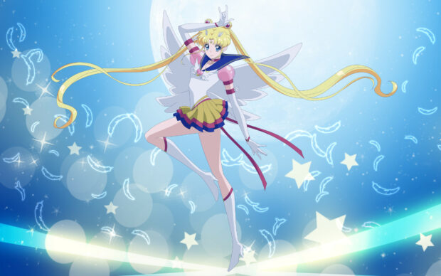 Sailor Moon Eternal wallpapers shows a character in a dynamic pose with glowing feathers and stars, HD Desktop Wallpaper