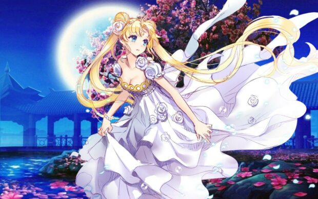 A character from Sailor Moon Eternal stands by a pond under moonlight and blossoms, HD Desktop Wallpaper