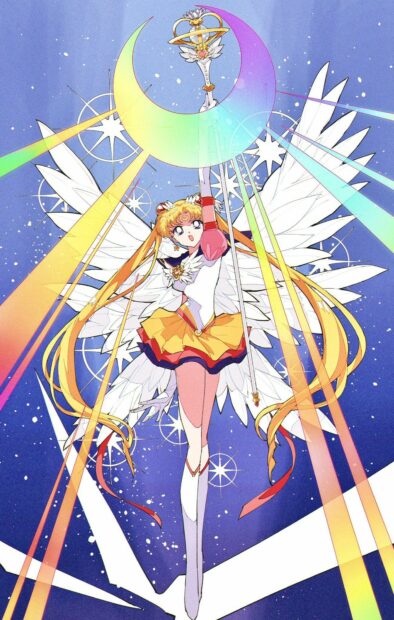 Sailor Moon Eternal wallpapers showing a magical pose with wings and glowing staff, HD Mobile Wallpaper