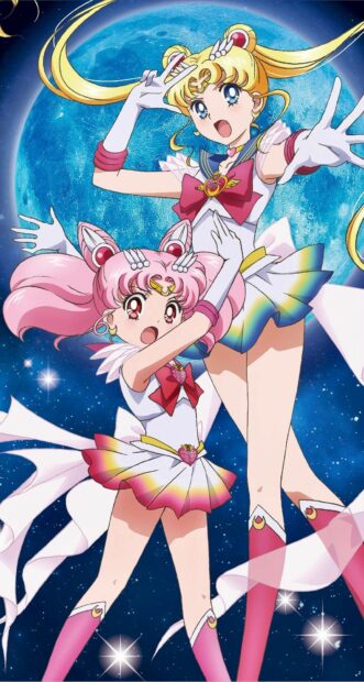 Sailor Moon Eternal characters pose heroically in front of the moon, HD Mobile Wallpaper