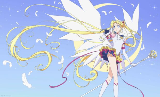Sailor Moon Eternal stands with a staff and wings against a blue sky with feathers, 2K Desktop Wallpaper