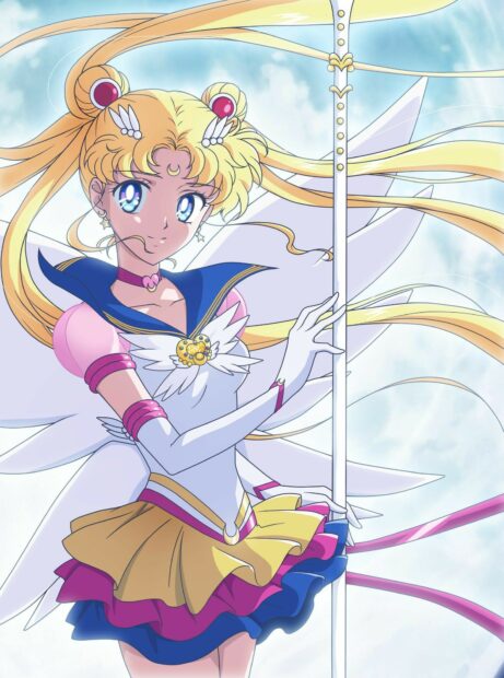 Sailor Moon Eternal is depicted holding a magical staff in a bright sky background, HD Phone Wallpaper