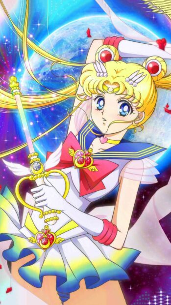 Sailor Moon Eternal Wallpapers holding a magical staff with the moon in the background, HD Phone Wallpaper
