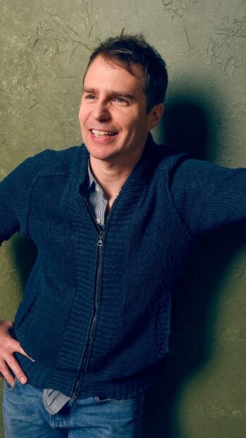 Sam Rockwell wallpapers showing him smiling in a blue sweater, HD Phone Wallpaper