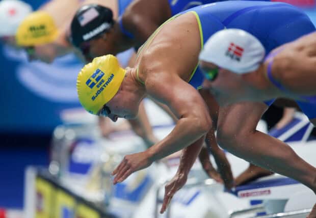 Sarah Sjostrom is diving at the start of a swimming race with intense focus, HD Desktop Wallpaper