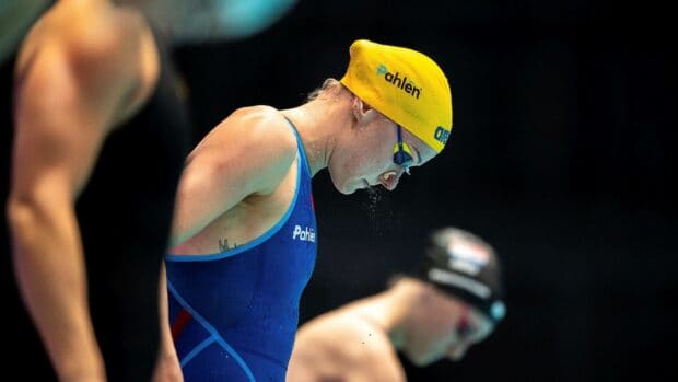 Sarah Sjostrom focused deeply before a swimming competition, HD Desktop Wallpaper
