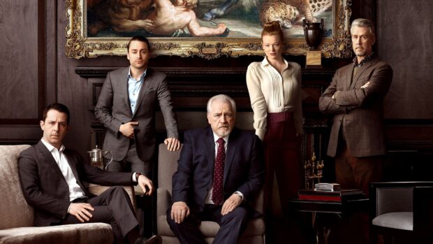 Sarah Snook sits among other Succession cast members in a formal room, HD Desktop Wallpaper