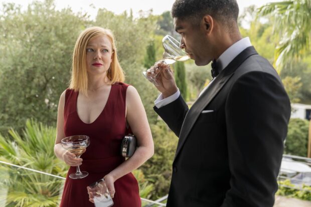 Sarah Snook shares a tense moment with a man at an outdoor party holding drinks, HD Desktop Wallpaper